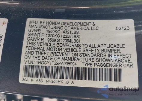 2023 Honda Accord Ex z USA, uszkodzony, nr VIN 1HGCY1F32PA005994